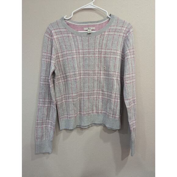 Women's grey and pink plaid striped 100% cotton sweater by Bass size M NWOT - Picture 1 of 7